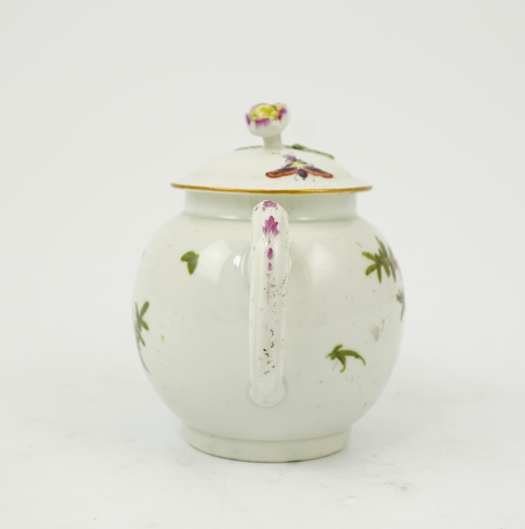 A Worcester teapot, hand painted with birds and foliage, c.1775, 17cm wide